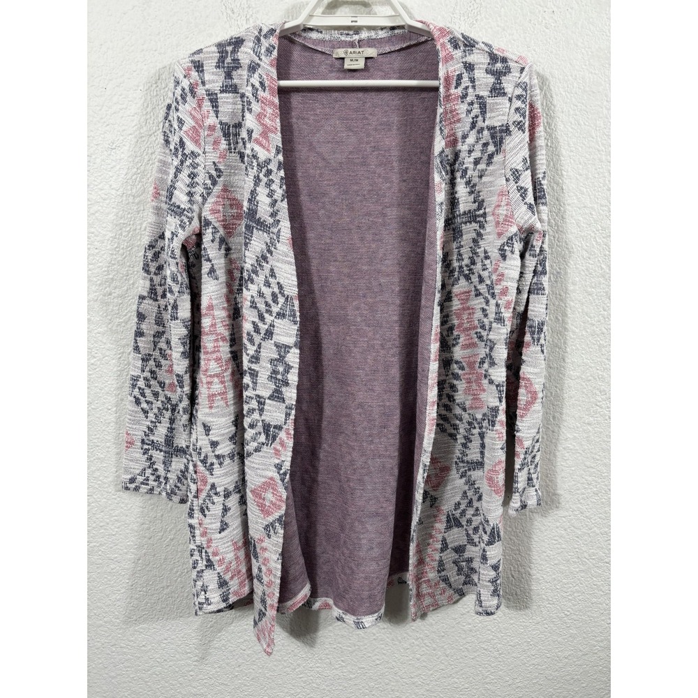 Ariat Sweater Womens Medium Gray Pink Southwest Aztec Cardigan Western